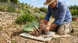 Jardinier divisant une touffe d'iris à rhizomes dans un jardin provençal en été