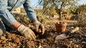 Mains plantant des bulbes à floraison automnale dans un jardin provençal en fin d'été