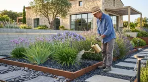Arrosage matinal d'un massif méditerranéen paillé dans un jardin provençal