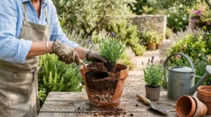 Jardinier rempotant une plante et versant du terreau sur une fine couche de gravier au fond d'un pot en terre cuite