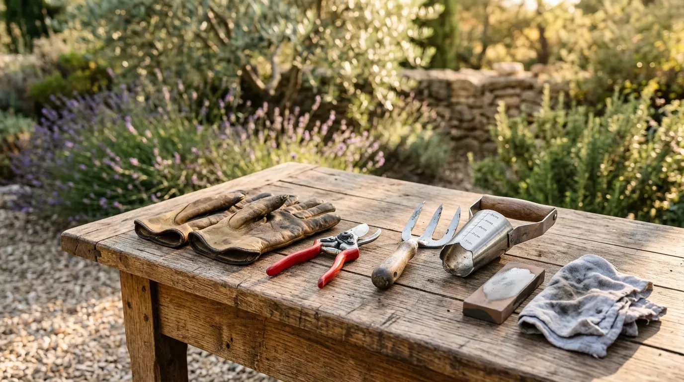 Outils de jardin (sécateur, fourche-bêche, plantoir) nettoyés et rangés sur un établi en bois, lumière naturelle d'automne.
