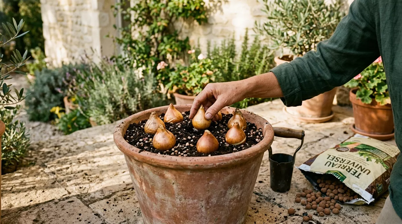 Grand pot en terre cuite rempli de terreau, avec des bulbes de printemps posés en surface avant plantation, sur une terrasse ensoleillée en automne.
