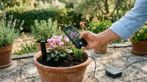 Smartphone affichant une application de jardinage posé près d'un capteur d'humidité planté dans un pot, en extérieur